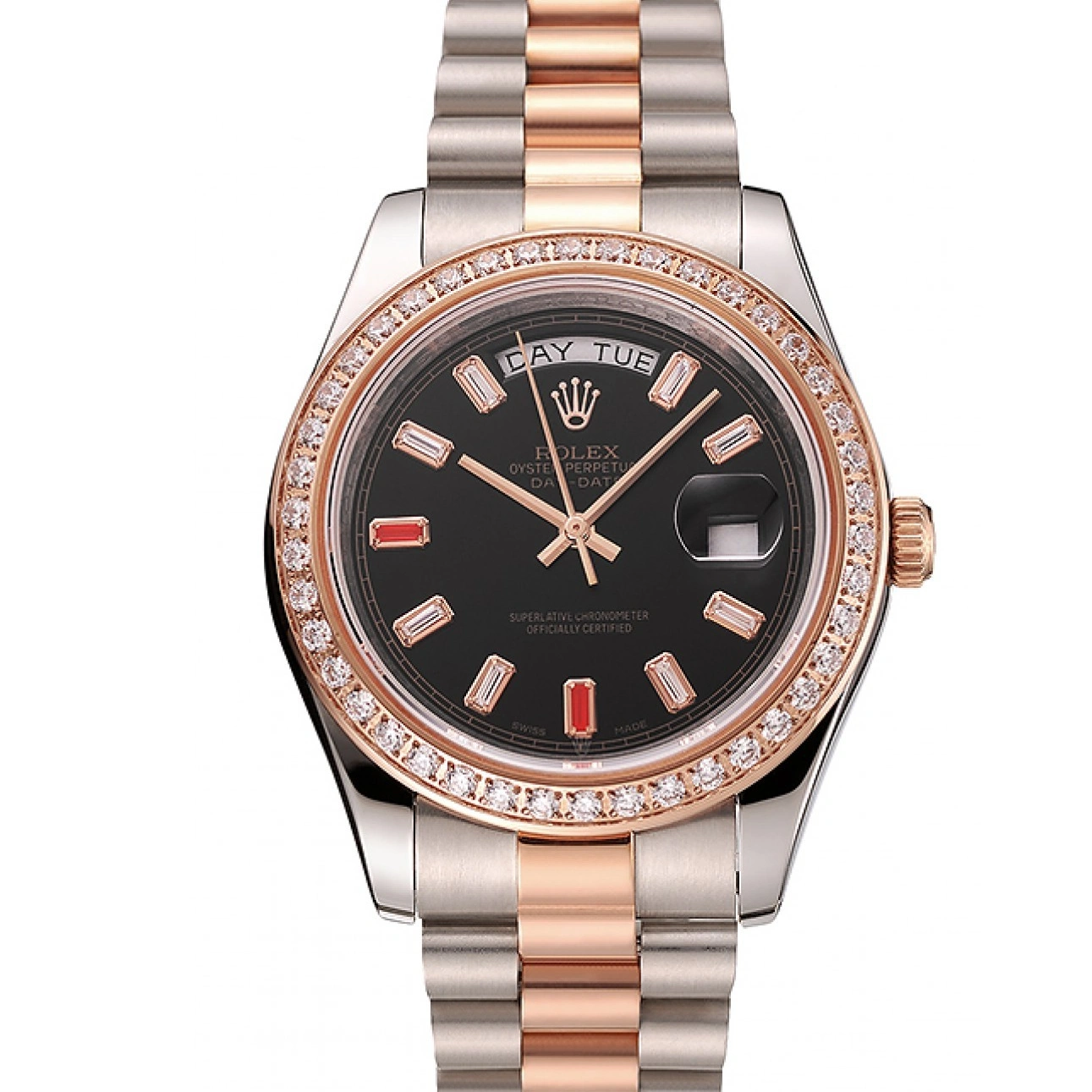 Aaa fake watches Rolex Bracelet Swiss Staineless Dial Rose Black Diamonds Rubies Steel And 1454106 Gold Day-Date And 1029